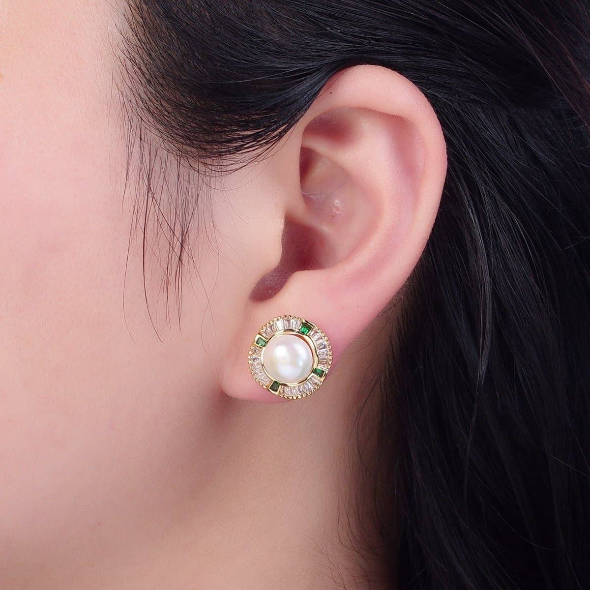 Round White Pearl Stud Earring with Gold Green Baguettes