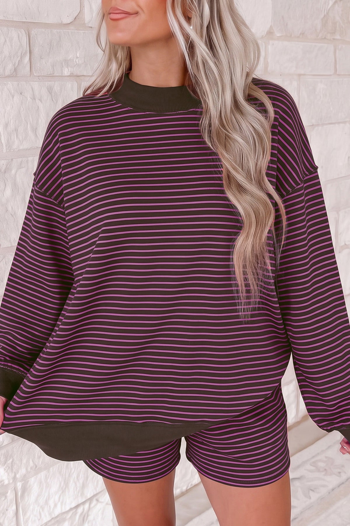 Mock Neck Striped Long Sleeve Lounge Set