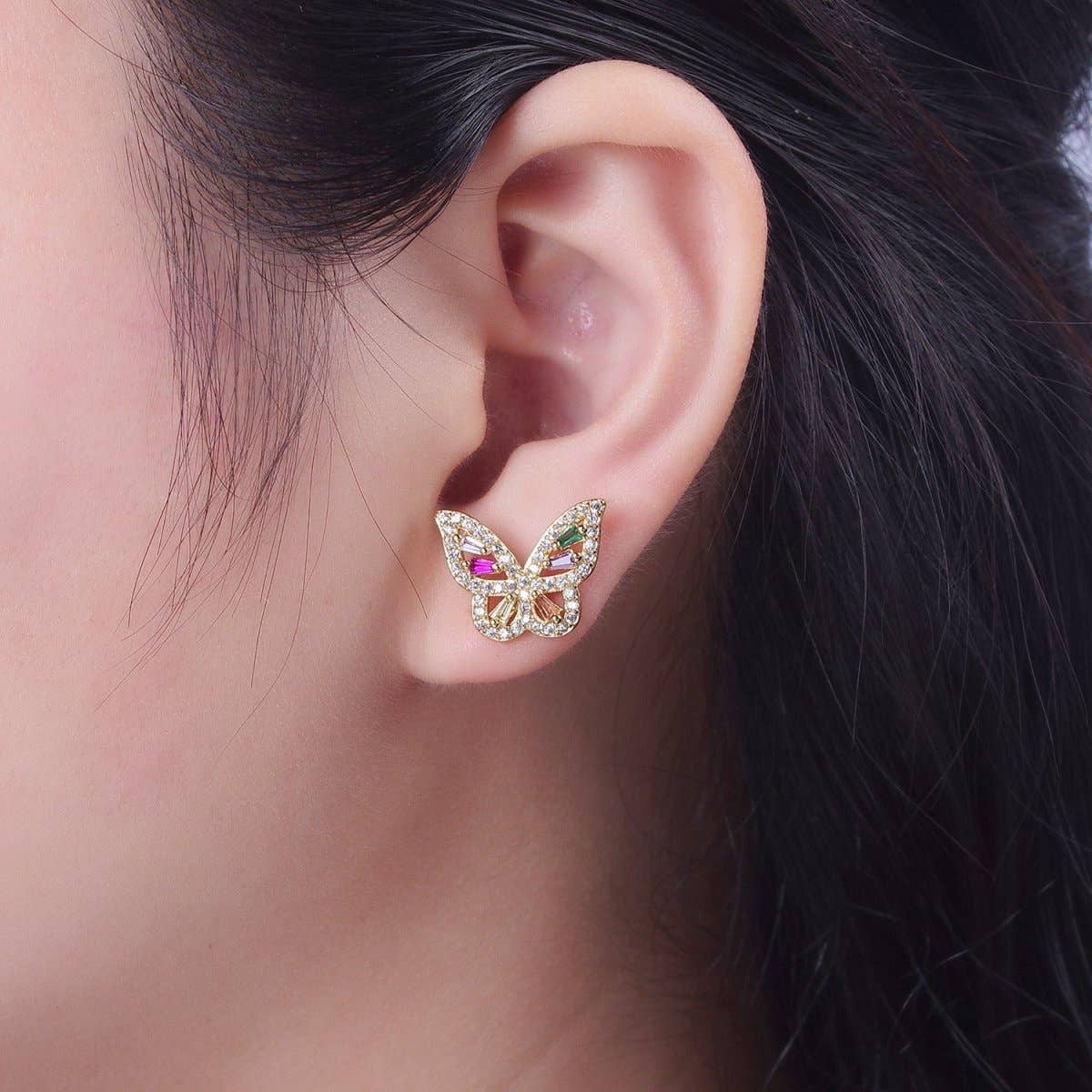 24K Gold Filled Micro Paved Rainbow Butterfly Stud Earrings