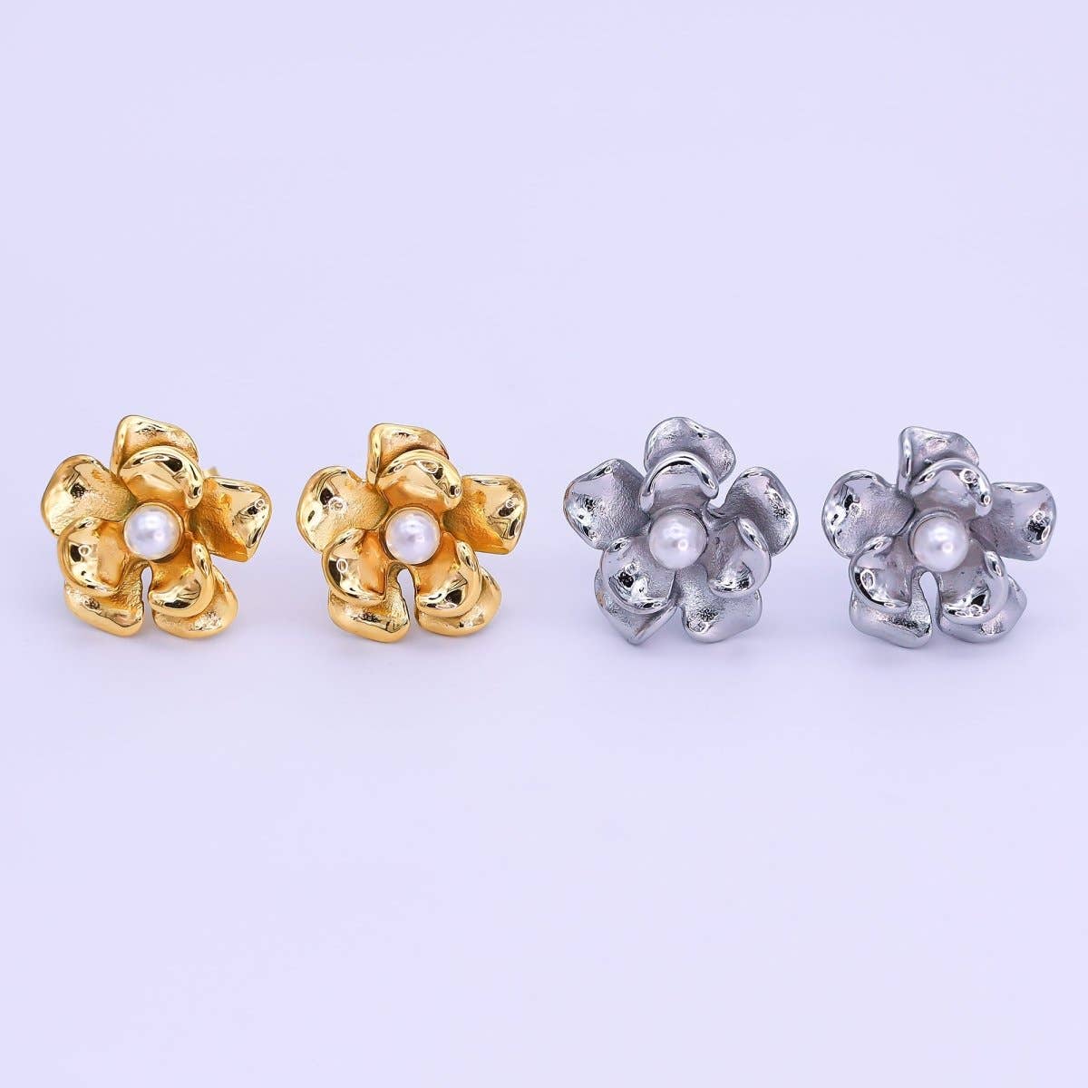 Stainless Steel Pearl Foil Flower Stud Earrings