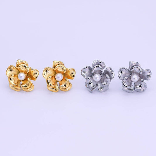 Stainless Steel Pearl Foil Flower Stud Earrings