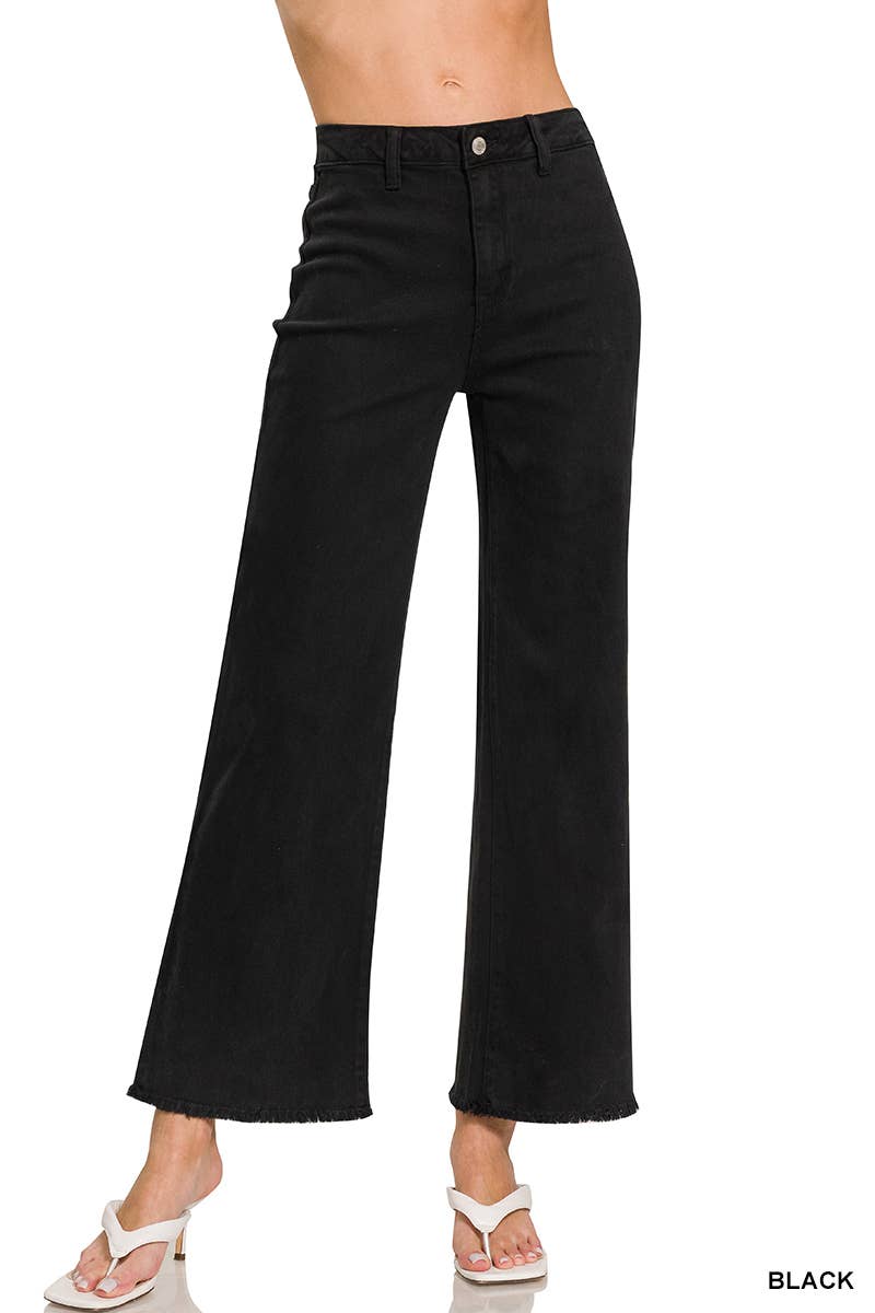 Acid Wash Frayed Hem Cropped Wide Leg Pants