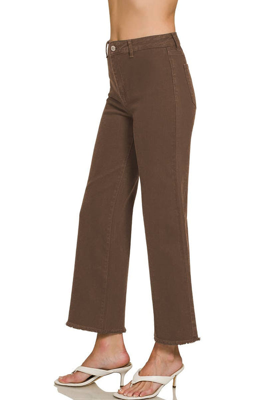 Acid Wash Frayed Hem Cropped Wide Leg Pants