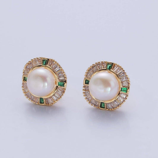 Round White Pearl Stud Earring with Gold Green Baguettes