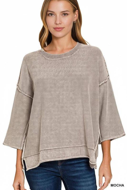 Washed 3/4 Sleeve Boxy Sweater