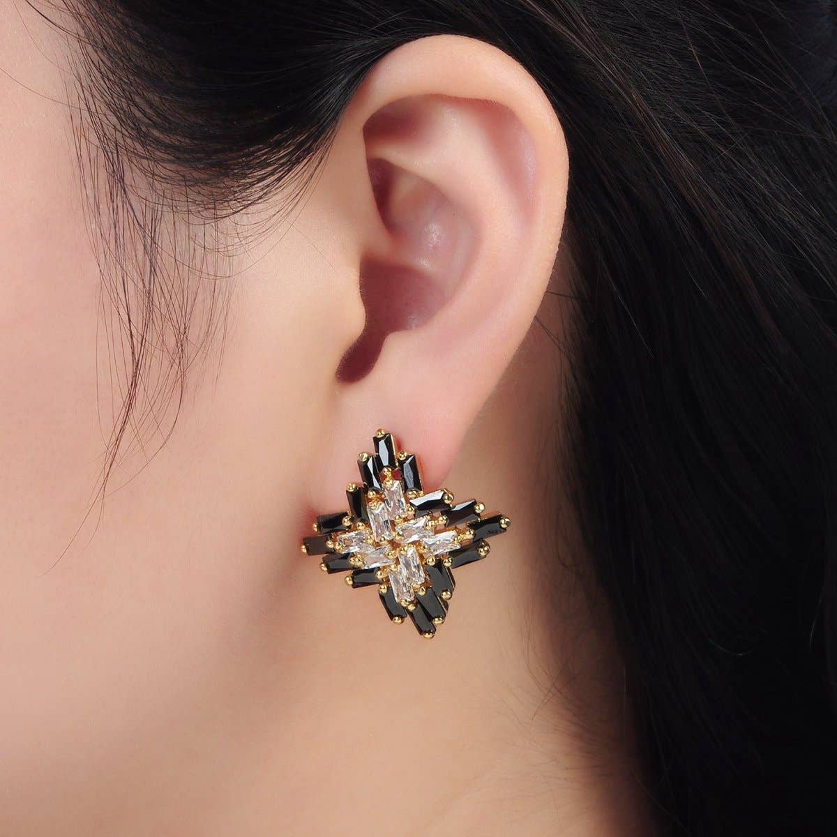 24K Gold Filled Clear Black Baguette Celestial Star Stud Earrings