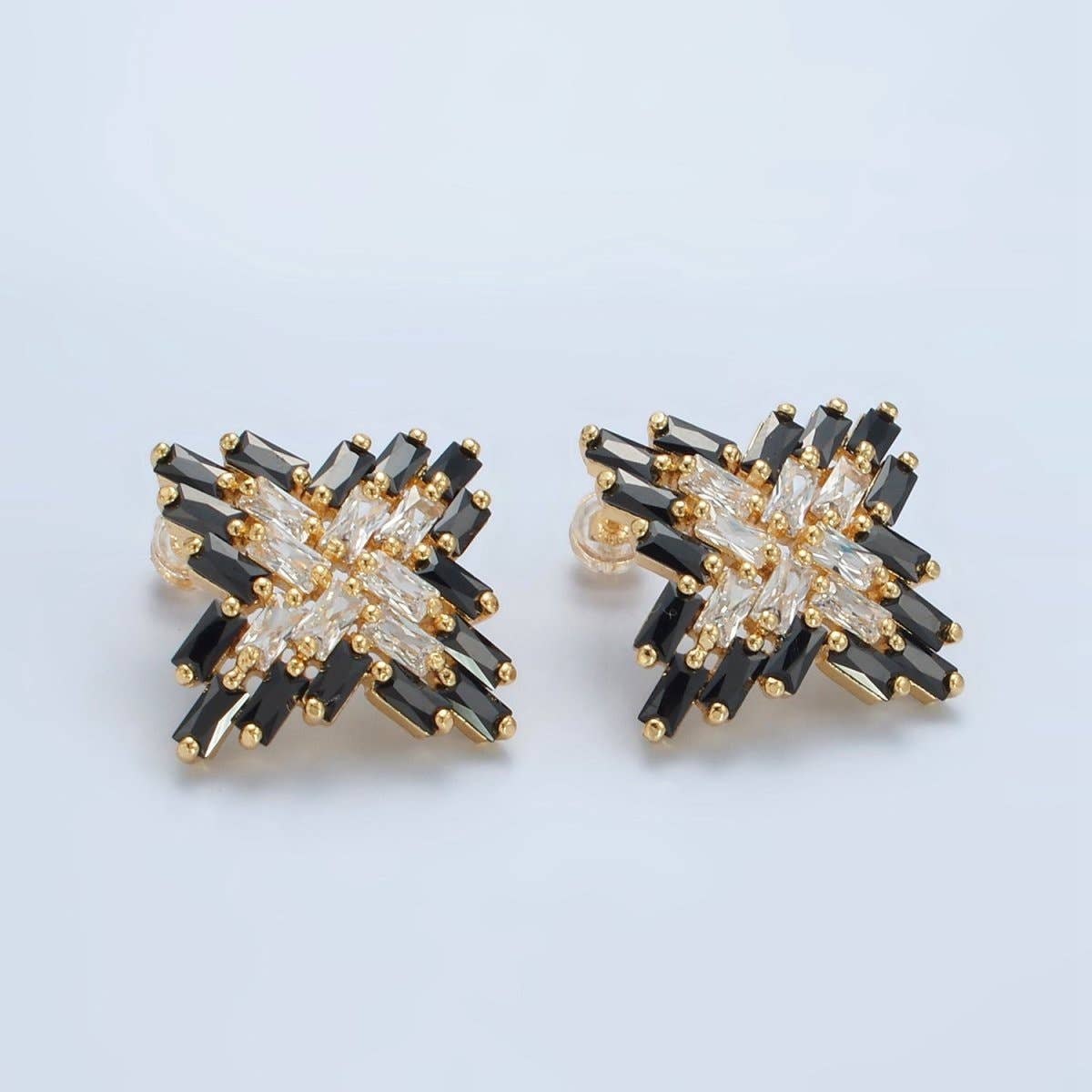 24K Gold Filled Clear Black Baguette Celestial Star Stud Earrings