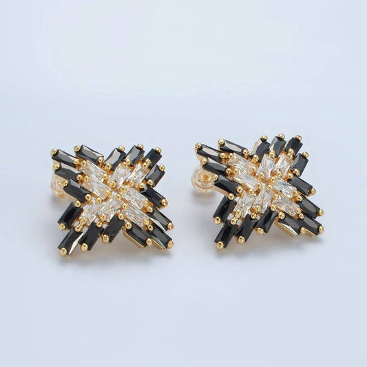 24K Gold Filled Clear Black Baguette Celestial Star Stud Earrings
