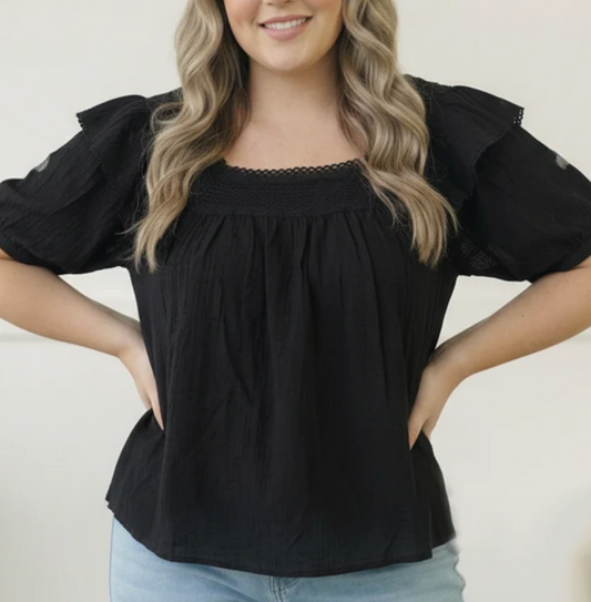 Plus Black Crochet Cotton Top