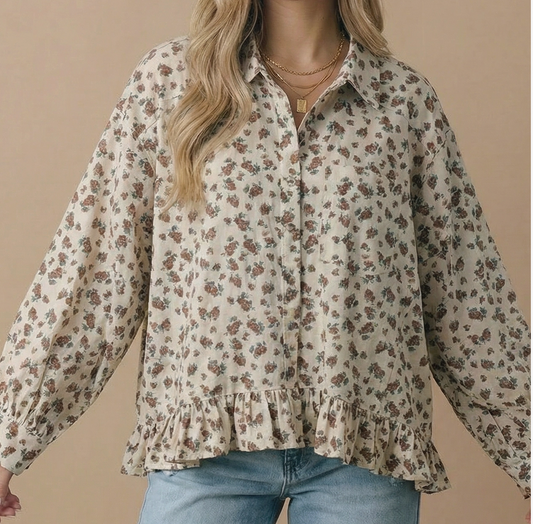 Floral Ruffle Hem Button Down Blouse