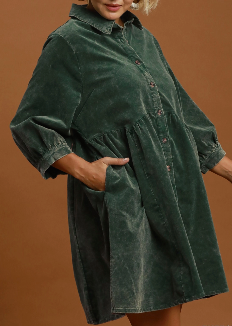 Mineral Wash Button Front Babydoll Shirt Dress