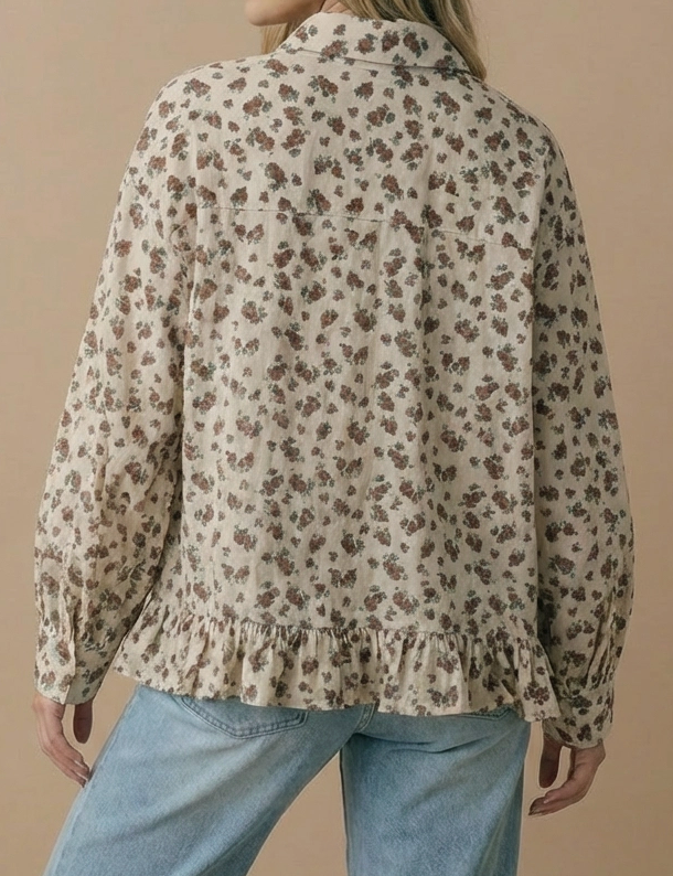Floral Ruffle Hem Button Down Blouse