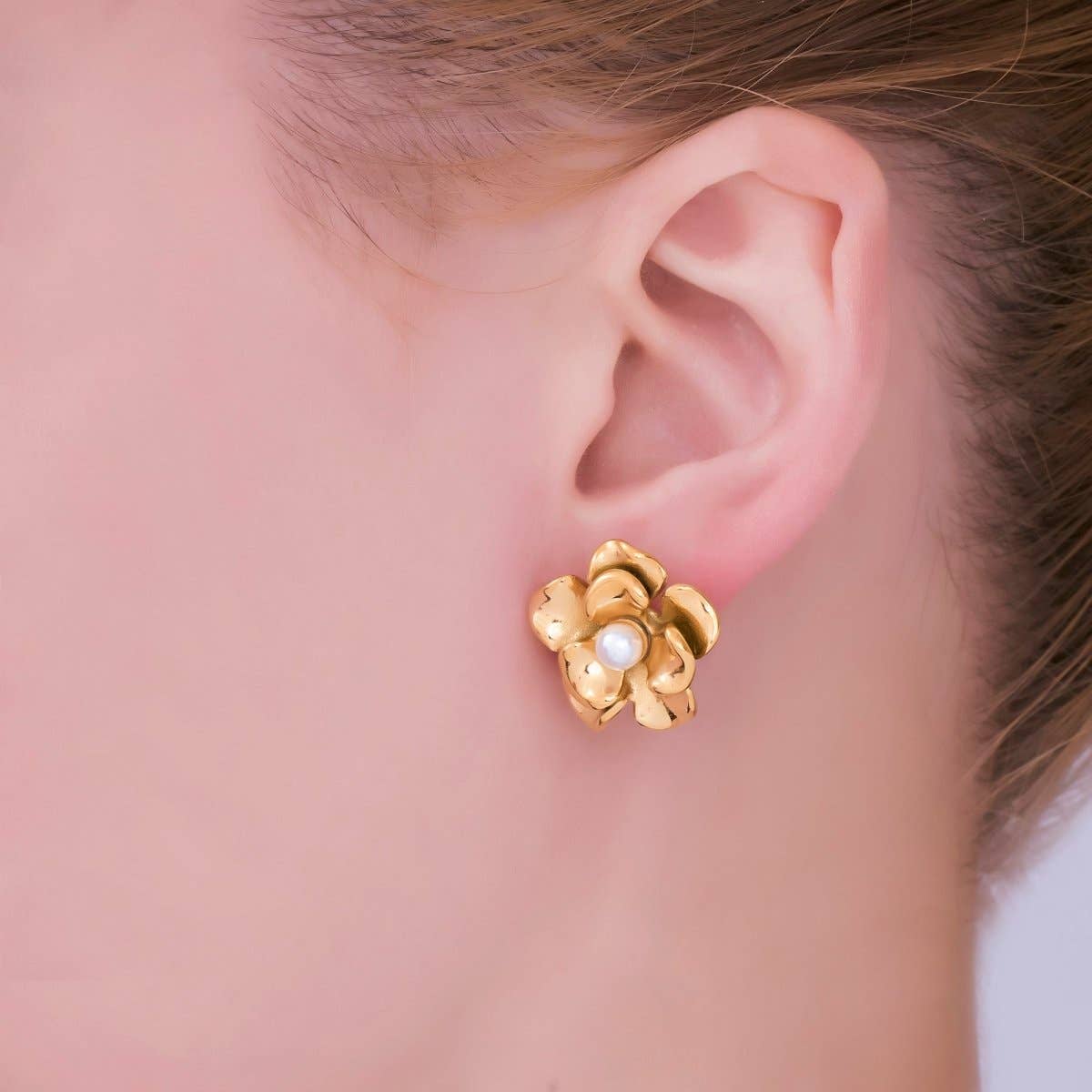 Stainless Steel Pearl Foil Flower Stud Earrings