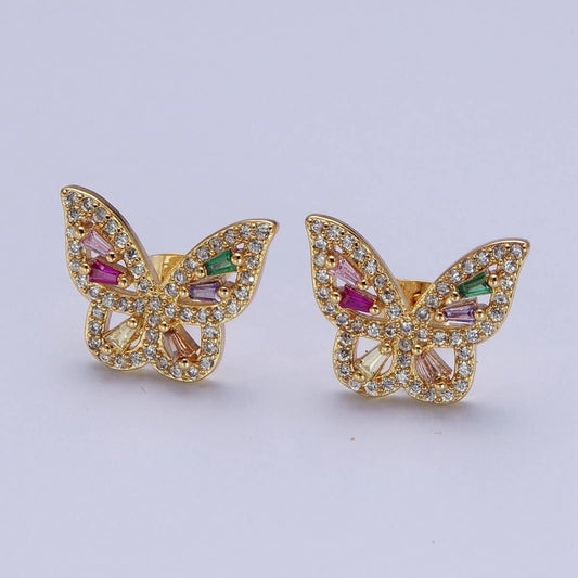 24K Gold Filled Micro Paved Rainbow Butterfly Stud Earrings
